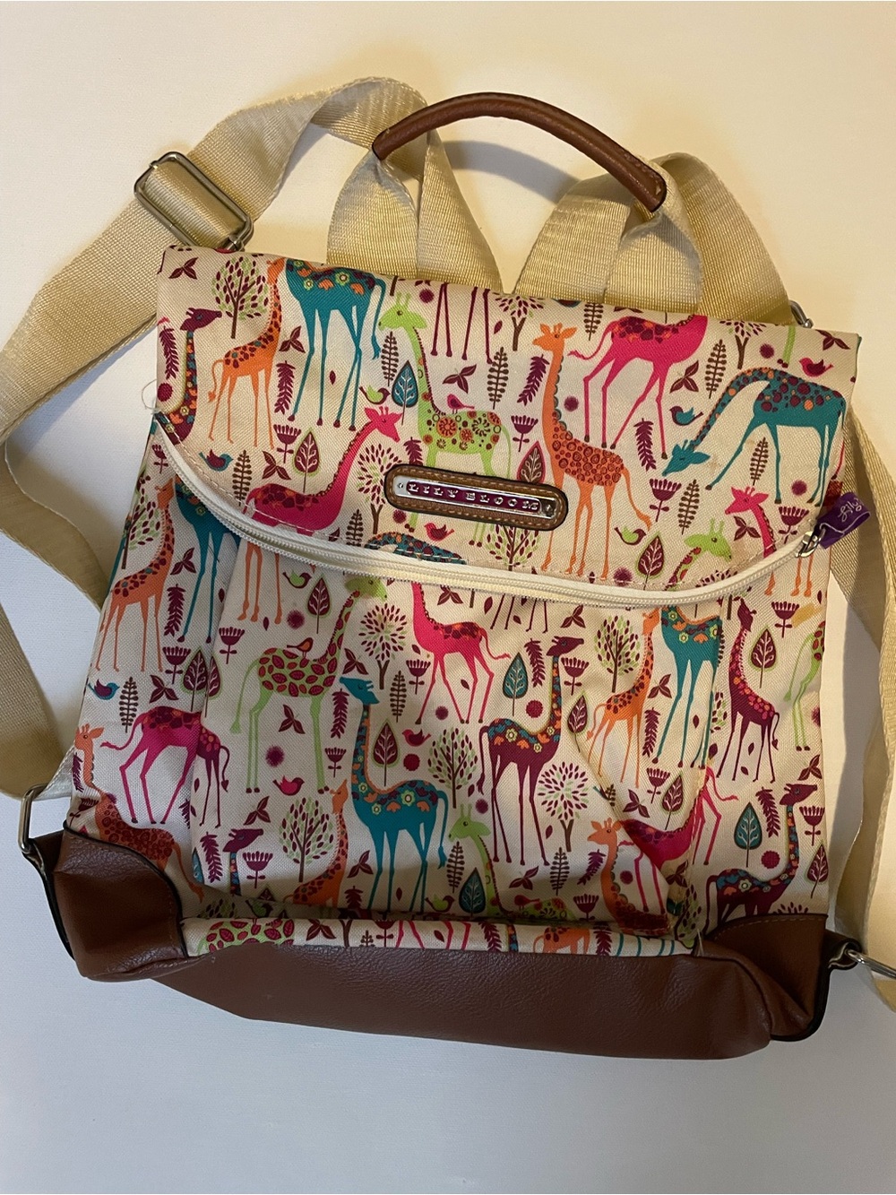 Lily Bloom Multi-Color Giraffe Print Backpack Tote - Brown Trim